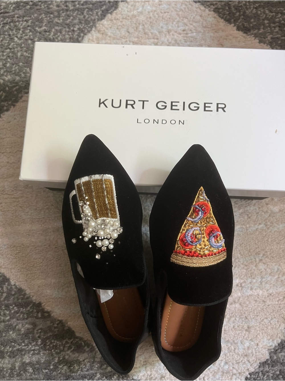 Kurt Geiger Black Velvet Pointed Loafers with Pizza and Beer Appliqués - Picture 3 of 9